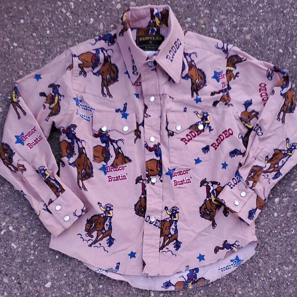 Rustler by Wrangler Rodeo Cowboy Print Pearl Snap Button Long Sleeve Top S